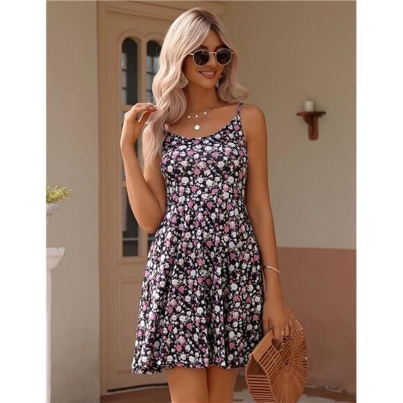 Women's Summer Dress Adjustable Spaghetti Strap Floral - Picture 3 of 6